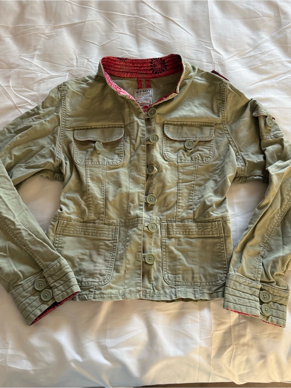 Vintage Old Navy Women's Olive green Utility Jacket with pink Trim
